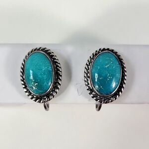 Vintage Stamped Sterling Silver And Turquoise Oval Screw Back Earrings